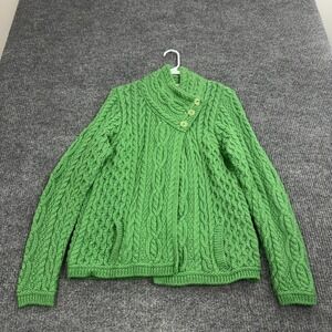 Aran Crafts Cardigan Womens M Green Merino Wool Cable Knit Asymmetrical Ireland